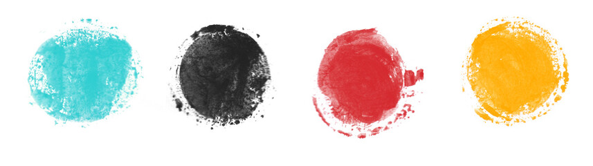 Gemalte Wasserfarbe Kreise hellblau, schwarz, rot, orange