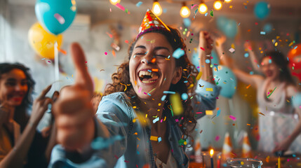 Obraz premium A joyful woman gives a thumbs-up while celebrating at a party, surrounded by colorful balloons and confetti. The image captures the festive and exuberant atmosphere of the event.