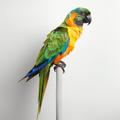 Fototapeta premium A vibrant parrot perched elegantly, showcasing a stunning array of colors including green, orange, and blue.