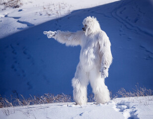Yeti Pointing Finger in the Himalayas Cryptozoology Legend Trekking Through Snowy Mountains