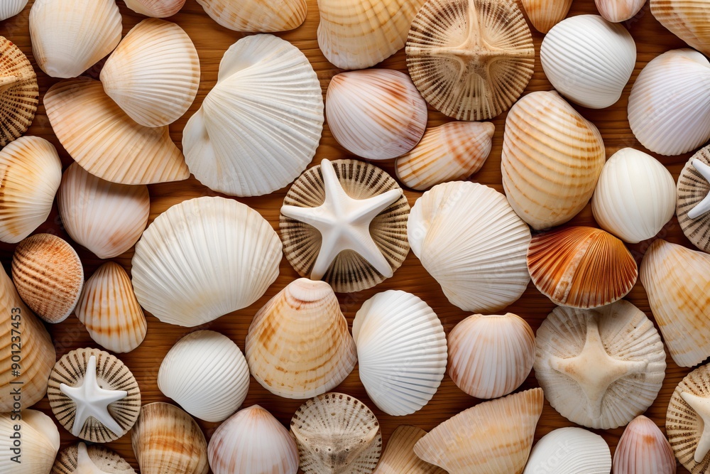 Poster top view of a diverse collection of seashells neatly arranged on a wooden background