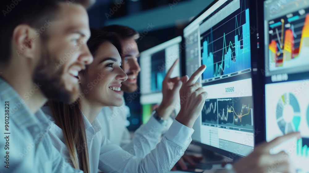 Poster team of analysts working on financial graphs and data on screens.