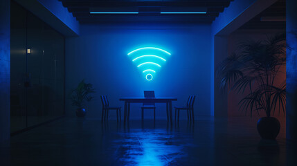 In an empty office at night, a blue Wi-Fi icon gleams on the wall. This modern symbol of technology represents the fast internet connection necessary for effective work and communication.