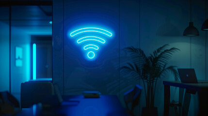 In an empty office at night, a blue Wi-Fi icon gleams on the wall. This modern symbol of technology represents the fast internet connection necessary for effective work and communication.