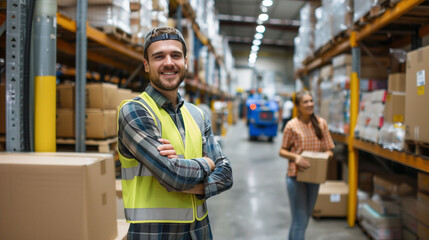 Smiling warehouse worker with arms crossed in large distribution center
