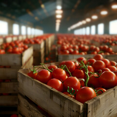 Tomatoes harvested in wooden boxes in a warehouse. Natural organic vegetable abundance. Healthy and natural food storing and shipping concept.
