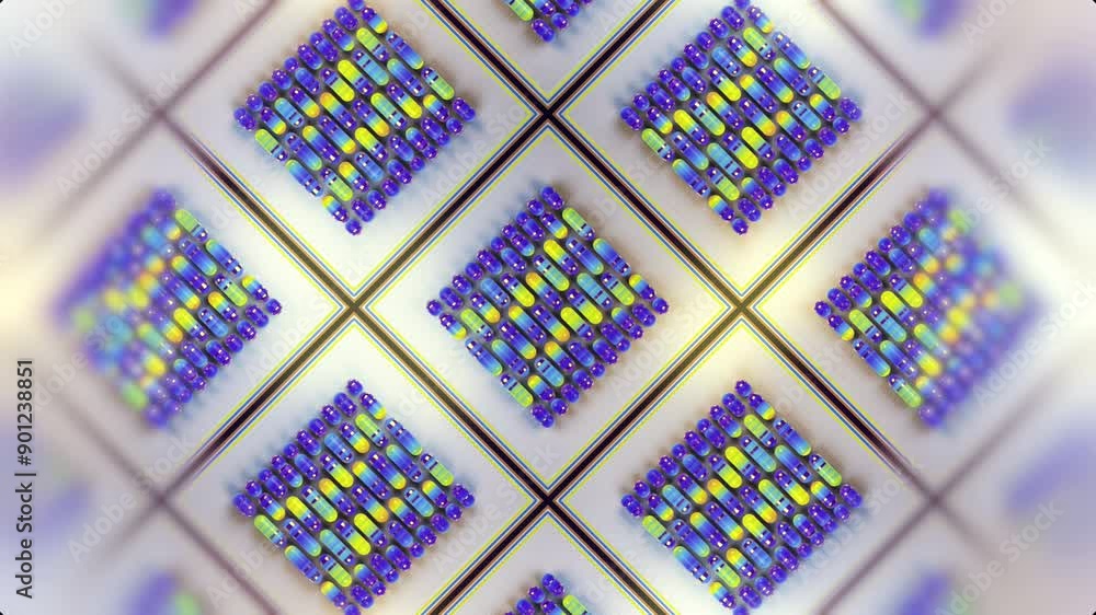 Poster 3d rendering loop animation of groups of multicolored capsules 4K