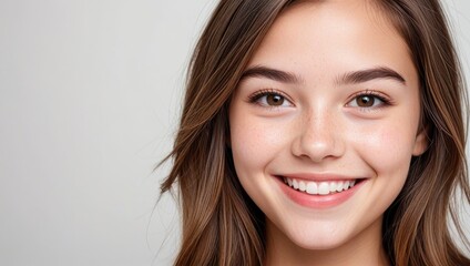 Naklejka premium Closeup portrait of cheerful Hispanic teen with brunette hair, smiling naturally, showing perfect teeth
