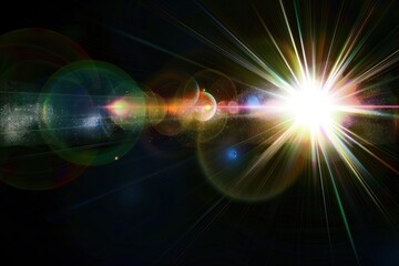 Abstract sun burst, digital flare, iridescent glare, lens flare effects over black background for overlay designs