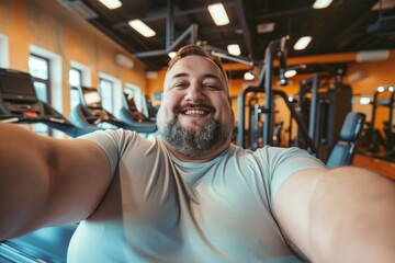 Obraz premium Active lifestyle, loosing weight, getting fit. Happy obese overweight man making selfie at the gym