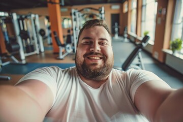 Obraz premium Active lifestyle, loosing weight, getting fit. Happy obese overweight man making selfie at the gym