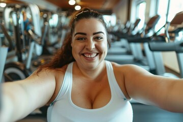 Fototapeta premium Active lifestyle, loosing weight, healthy habits concept. Happy obese overweight woman making selfie at the gym