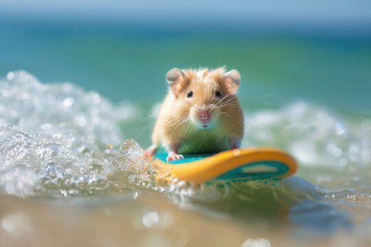 Adorable hamster surving on tropical beach waves