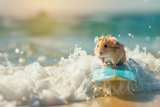 Adorable hamster surving on tropical beach waves