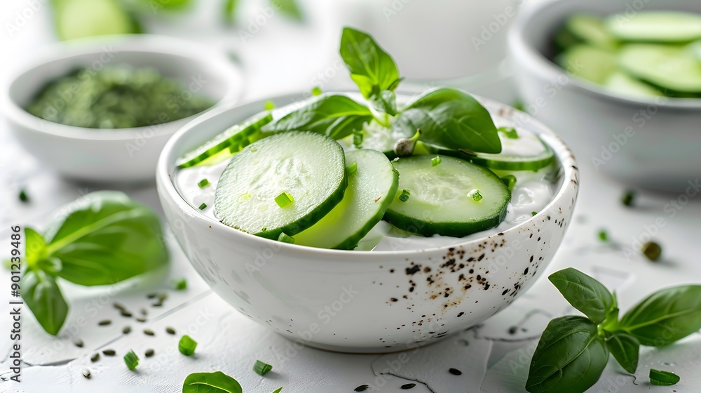 Poster refreshing cucumber salad with basil and herbs