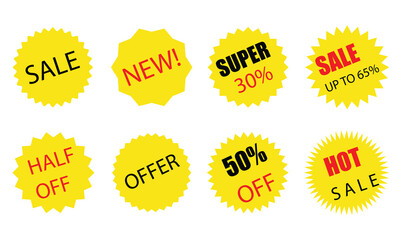 Yellow starbursts and promotional badges set . Orange round price stickers, sunburst promo tags, retro discount emblems. Sale star special offer stamps, advertising labels with background.123.