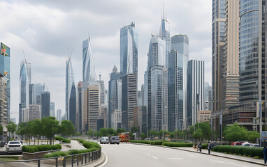 Obraz premium The street is busy with pedestrians and vehicles, showcasing city life.