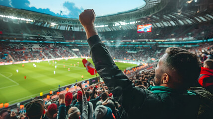 A passionate fan with a raised fist cheers enthusiastically during a lively soccer game in a crowded stadium.