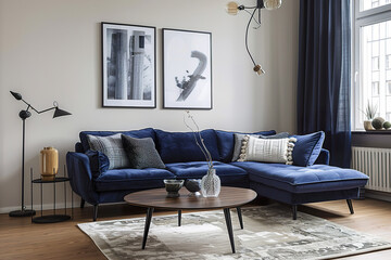 A blue couch is in a living room with a brown chair and a coffee table, generative ai image.