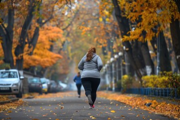 Fototapeta premium back view fat oversize woman on Autumn Jogging in a Tree-Lined City Street