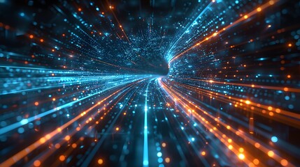 Naklejka premium Dynamic Flow of Light: A Stunning Visualization of Data Streams in Blue and Orange