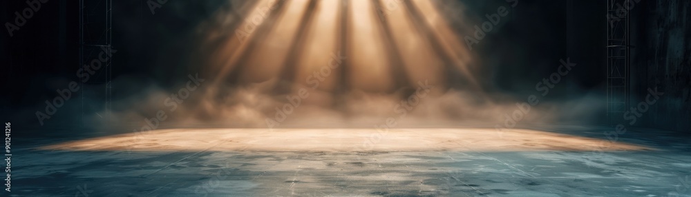 Poster a dramatic scene with beams of light shining down on a foggy stage, creating an ethereal atmosphere 