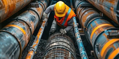 Fototapeta premium Worker Fixing Pipes in Underground Tunnel