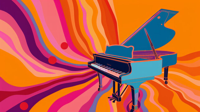 Pop art 60s psychedelic colorful trippy retro style image of concert piano with music coming out of it in flowing psychedelic sound waves and dance party concert music trippy atmosphere background