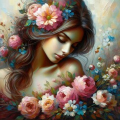 Naklejka premium Oil Painting Illustration of a Woman with Flowers