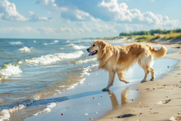 Beautiful dog walking on beach in sunny summer day. It is sea beach