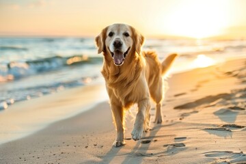 Beautiful dog walking on beach in sunny summer day. It is sea beach