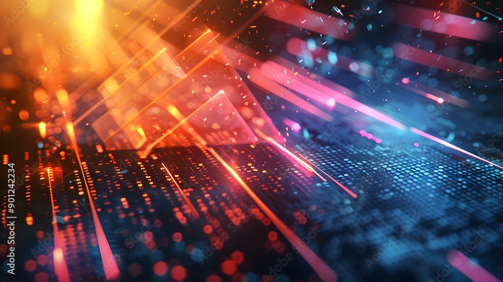 Poster Dynamic Abstract Background with Colorful Light Rays and Data Patterns