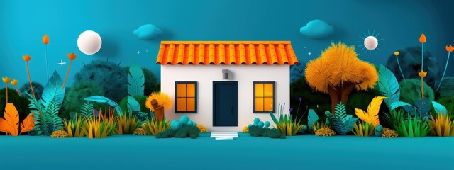 Cozy suburban house lush garden flat design illustration