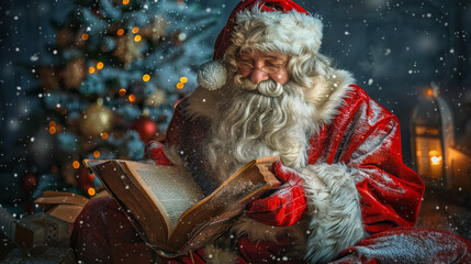 Beautiful gentle Victorian Santa Claus in North Pole winter indoors cozy Christmas tree background checking list in traditional coat hat white beard positive emotion Christmas card style, avatar