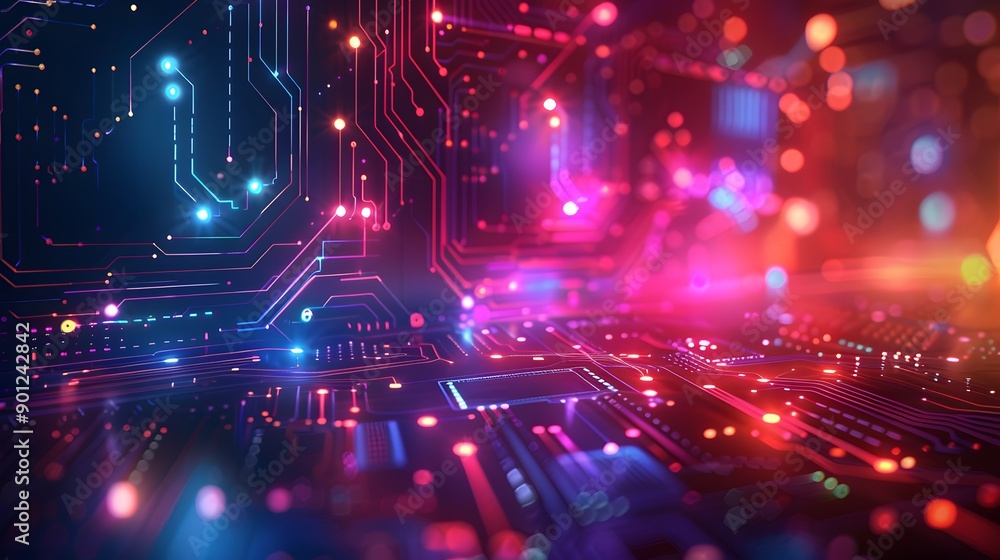 Poster vibrant circuit board with colorful lights and patterns
