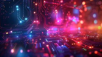 Fototapeta premium Vibrant Circuit Board with Colorful Lights and Patterns
