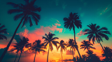 Against the backdrop of a setting sun in shades of orange and green, or blue, you can see silhouettes of palm trees. This tropical landscape brings to mind a vacation on a paradise island.
