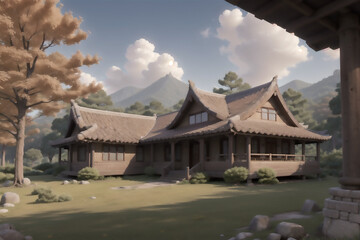Fototapeta premium An illustration of an ancient old house with a dominant color of sepia, a Chinese building made of wood has a very natural feel