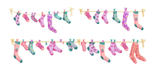 Clothesline socks illustration set. Socks on a rope, Baby socks with patterns vector cartoon.