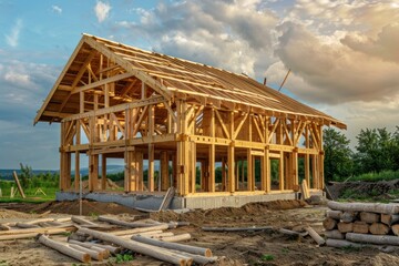 Building wooden house structure construction concept