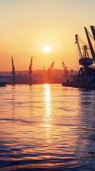 Fototapeta premium Cargo ships in the port at sunset. Industrial landscape, panoramic view. 3D rendering.