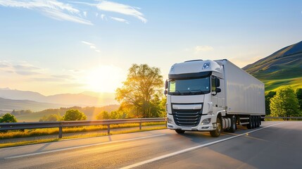 A white truck traveling on a scenic road during sunset, surrounded by beautiful hills and trees, symbolizing transportation and adventure.