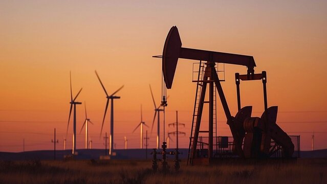 Oil pump in a field at sunset with wind turbines in the background, silhouettes