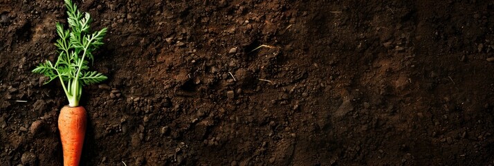 Carrot on a soil texture background, top view with copy space for text