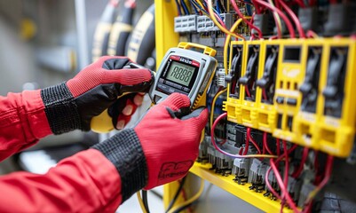 Hands of an electrician in protective work gloves, close-up. Repair and connection, electrical panel with fuses and wires.