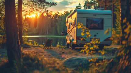 On the shore of the lake, surrounded by forests, there is a caravan parked from which you can admire the beauty of the setting sun.
