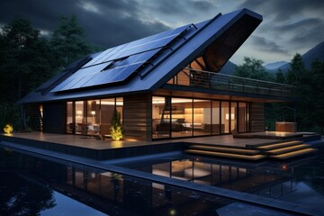 Fototapeta premium Sustainable luxury home with solar panel roof amidst nature during evening hours