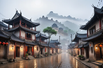 Naklejka premium Landscape illustration of Chinese nuanced buildings with interesting natural surroundings