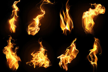 Set of fire flames on black background overlay