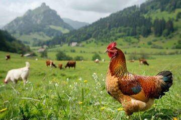 Fototapeta premium chicken in a green meadow with cows grazing in the background